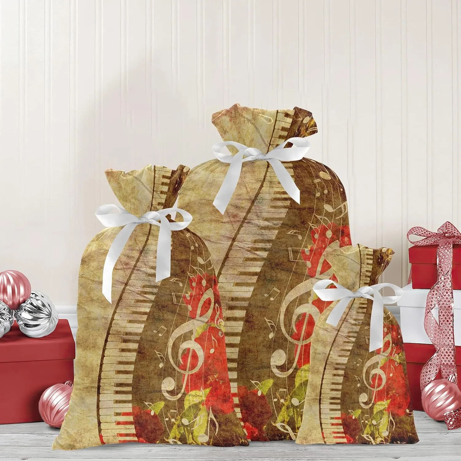 Abstract Musical Motes 3 Pack Christmas Gift Bags, Drawstring Xmas Bag, Gift Wrapper Bag for Holiday and Parties