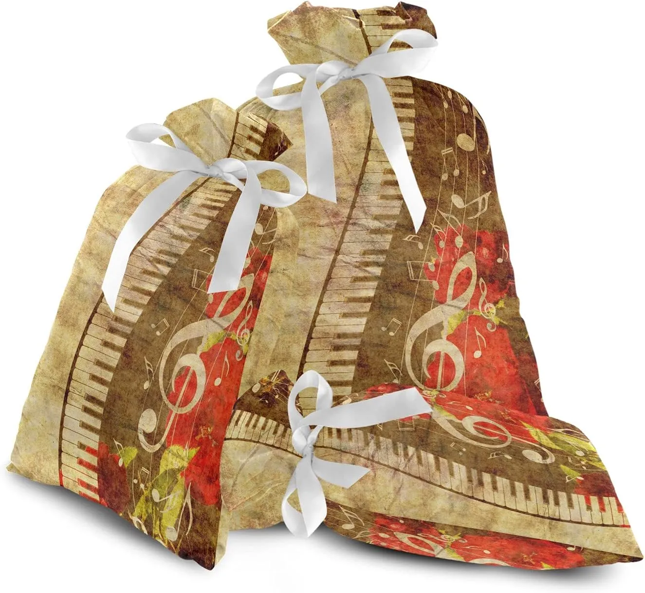 Abstract Musical Motes 3 Pack Christmas Gift Bags, Drawstring Xmas Bag, Gift Wrapper Bag for Holiday and Parties