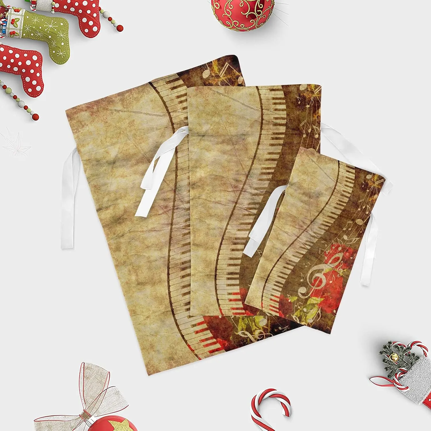 Abstract Musical Motes 3 Pack Christmas Gift Bags, Drawstring Xmas Bag, Gift Wrapper Bag for Holiday and Parties