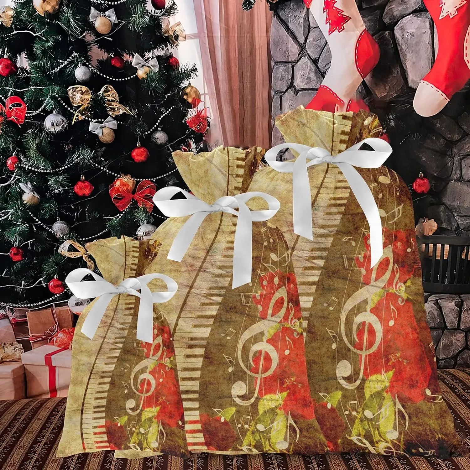 Abstract Musical Motes 3 Pack Christmas Gift Bags, Drawstring Xmas Bag, Gift Wrapper Bag for Holiday and Parties