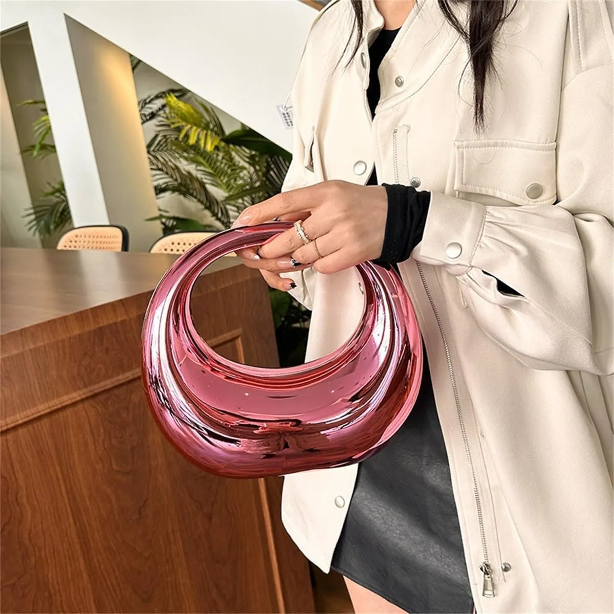 Acrylic Evening Clutch Purse Top-handle Moon Hobo Bag, Elegant Marble Handbag for Wedding Cocktail Party