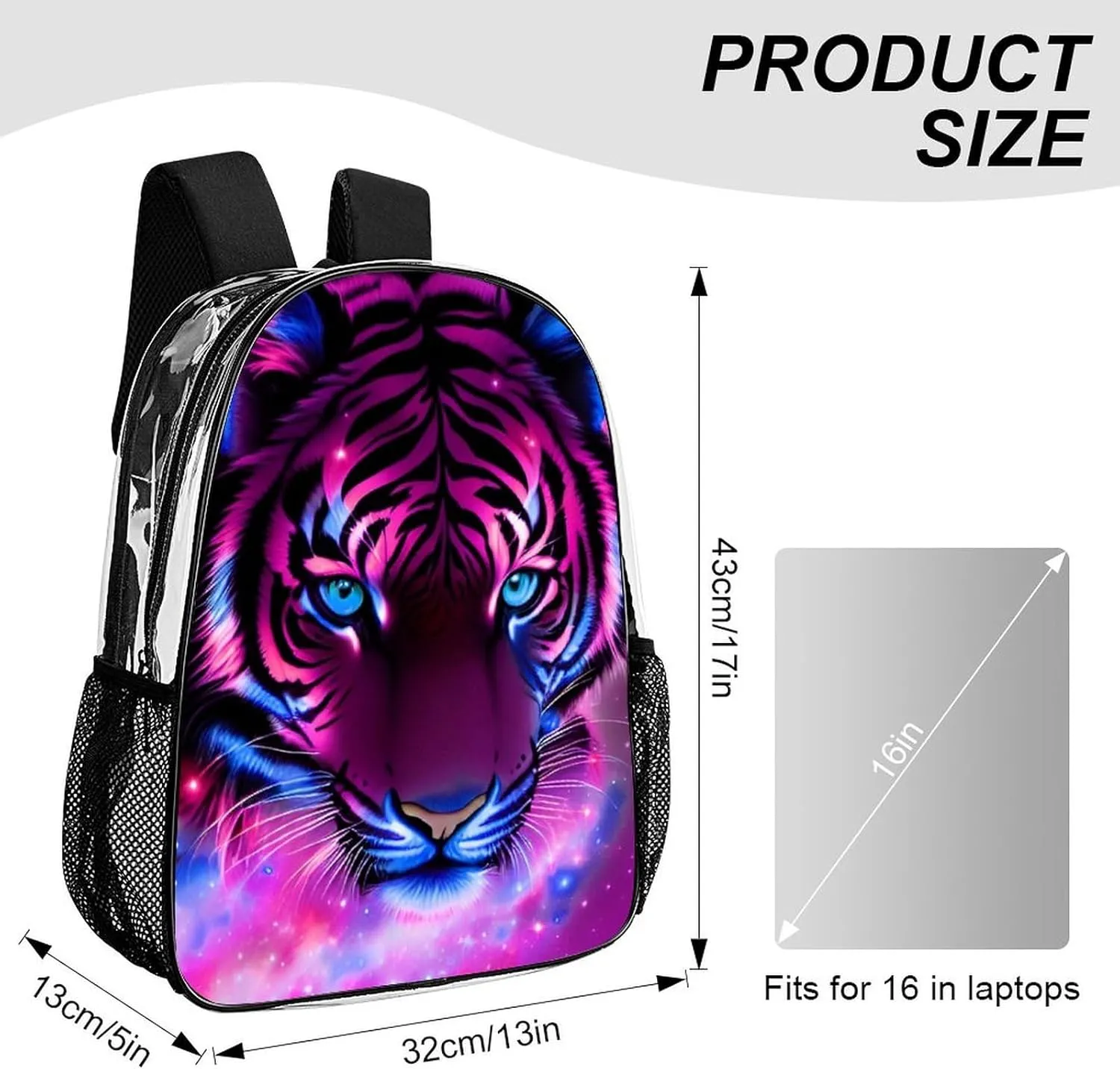 Adults Lightweight Mystic Fantasy Galaxy Sky Fantasy Tiger Wild Animals Boho Style Rucksacks Large Capacity Bookbag Transparent Bag for Trekking Outdoors Bicycle
