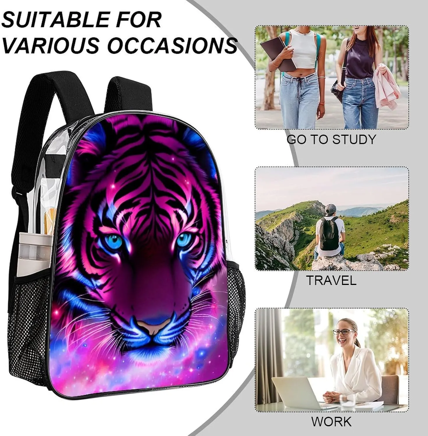 Adults Lightweight Mystic Fantasy Galaxy Sky Fantasy Tiger Wild Animals Boho Style Rucksacks Large Capacity Bookbag Transparent Bag for Trekking Outdoors Bicycle