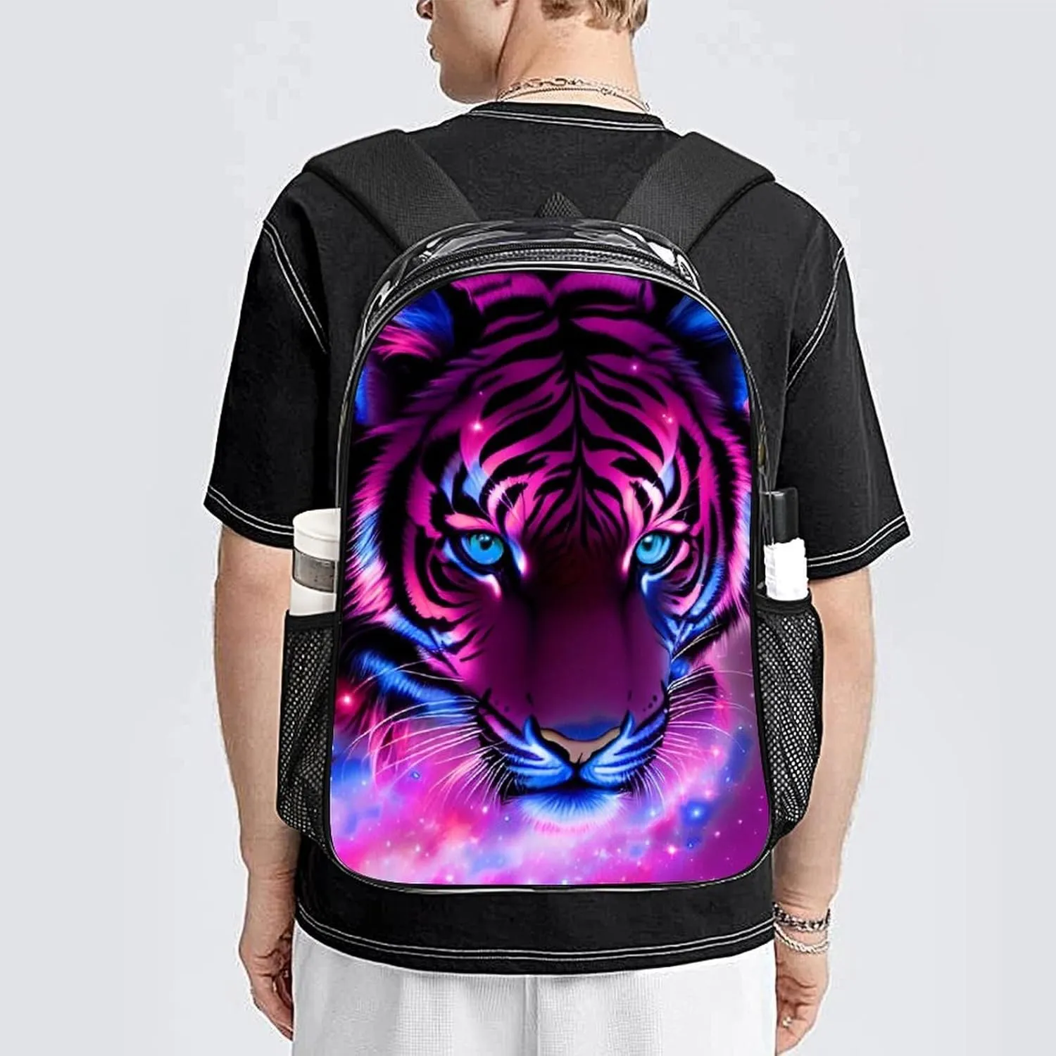 Adults Lightweight Mystic Fantasy Galaxy Sky Fantasy Tiger Wild Animals Boho Style Rucksacks Large Capacity Bookbag Transparent Bag for Trekking Outdoors Bicycle