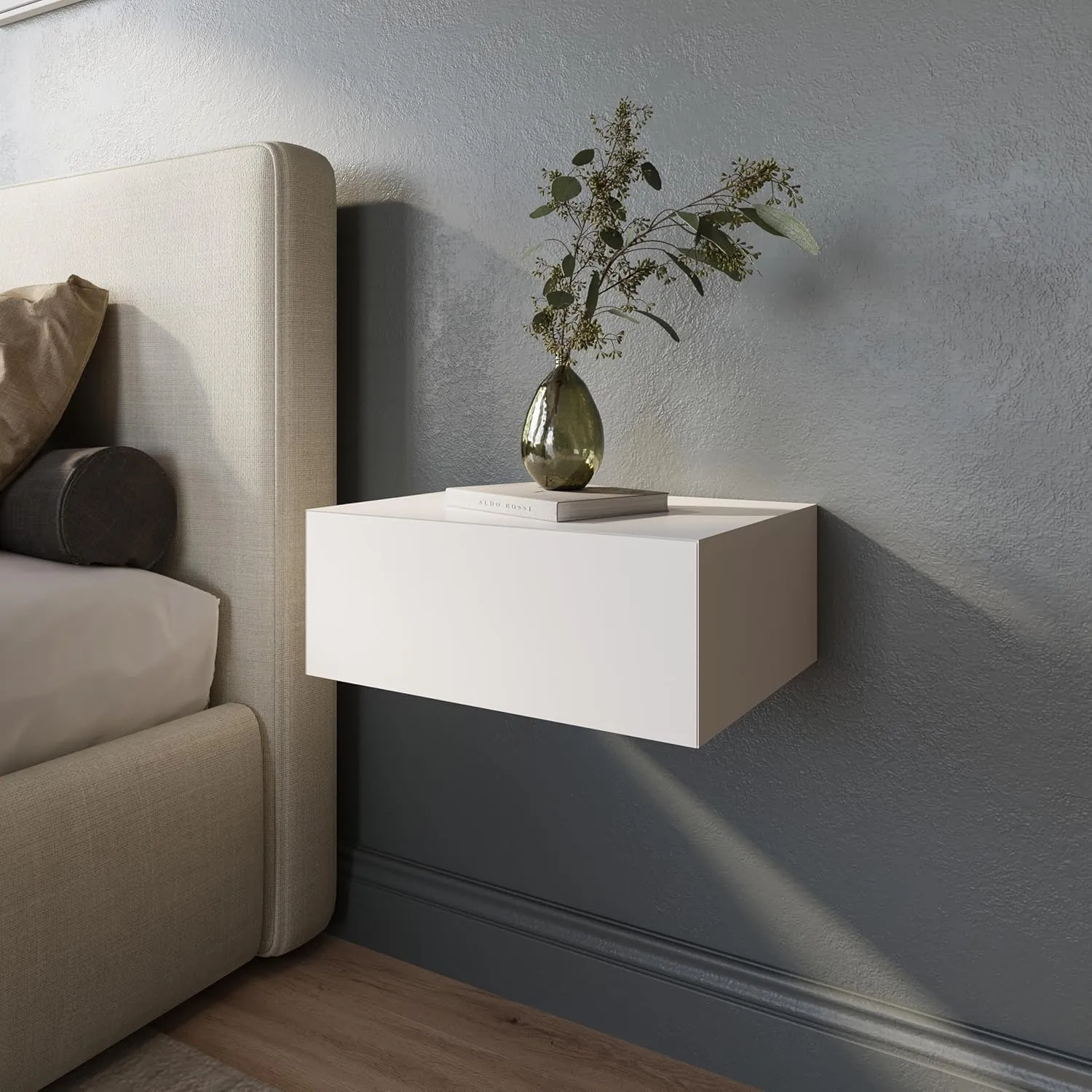 Aeris Floating White Modern Nightstand with Storage Drawer, Minimalist Scandinavian, Made with Natural Pine Wood, Wall Mounted Bedside End Table for Bedroom and Living Room