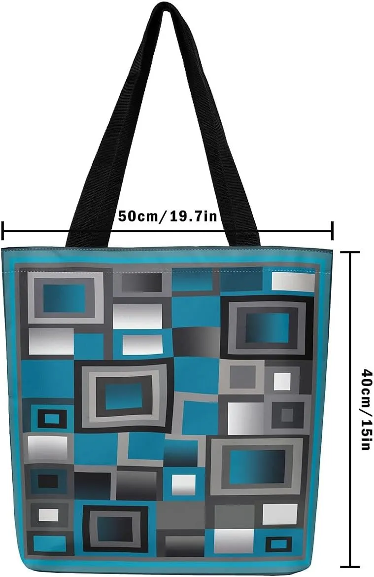 Aesthetic Canvas Tote Bag for Women,Black White Grid Reusable Grocery Handbag,Visual Abstraction Shopping Canvas Bags