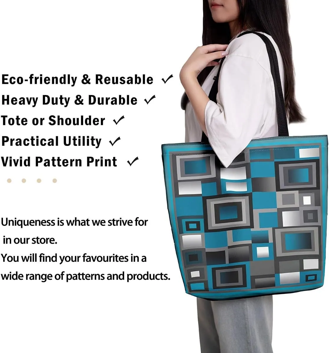 Aesthetic Canvas Tote Bag for Women,Black White Grid Reusable Grocery Handbag,Visual Abstraction Shopping Canvas Bags