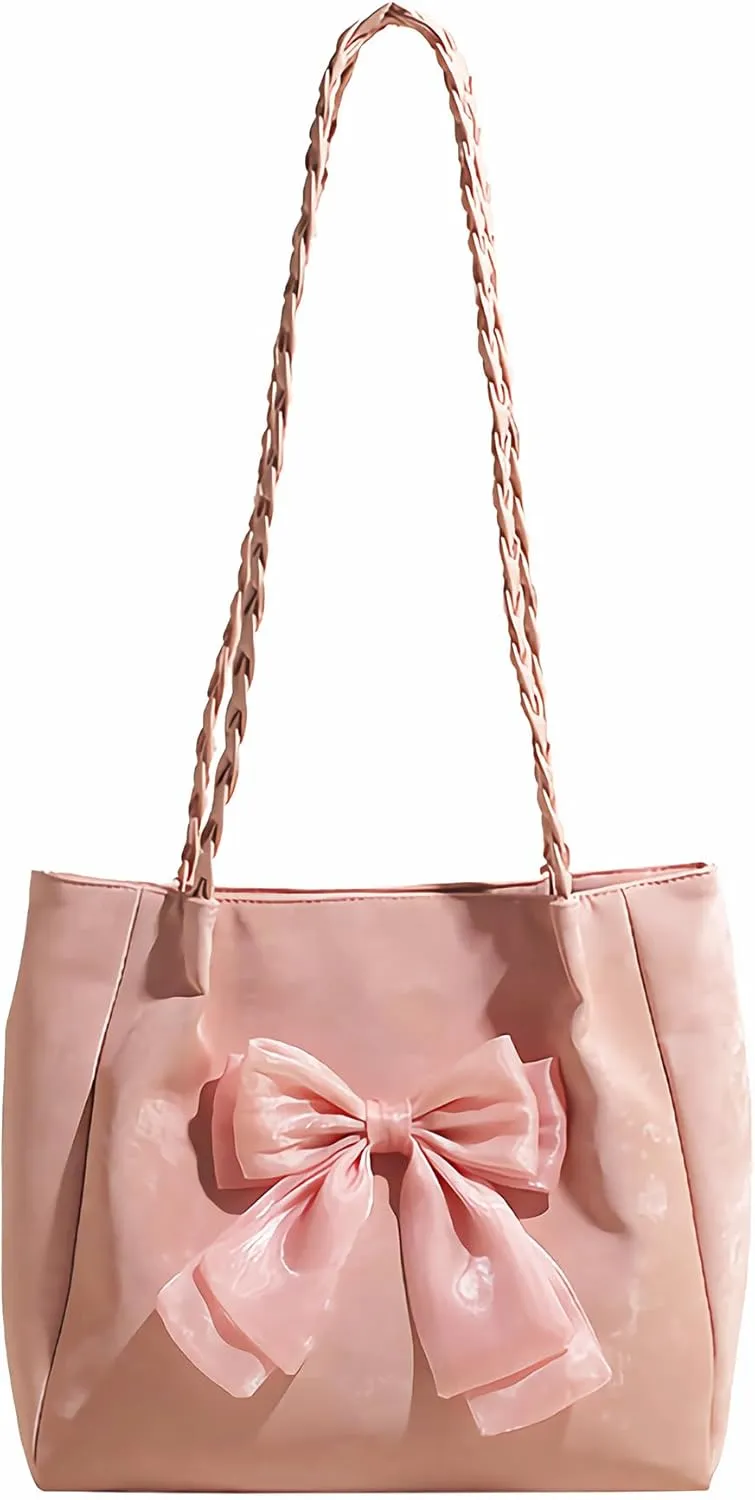 Aesthetic Everyday Cute Kawaii Pale Pink Bow Tote Bag for Women Trendy Coquette Baby Pink Purse，Casual Medium Light Pink Bow Vegan Leather Purse，Y2K Blush Pink Bow Travel Shoulder Handbag