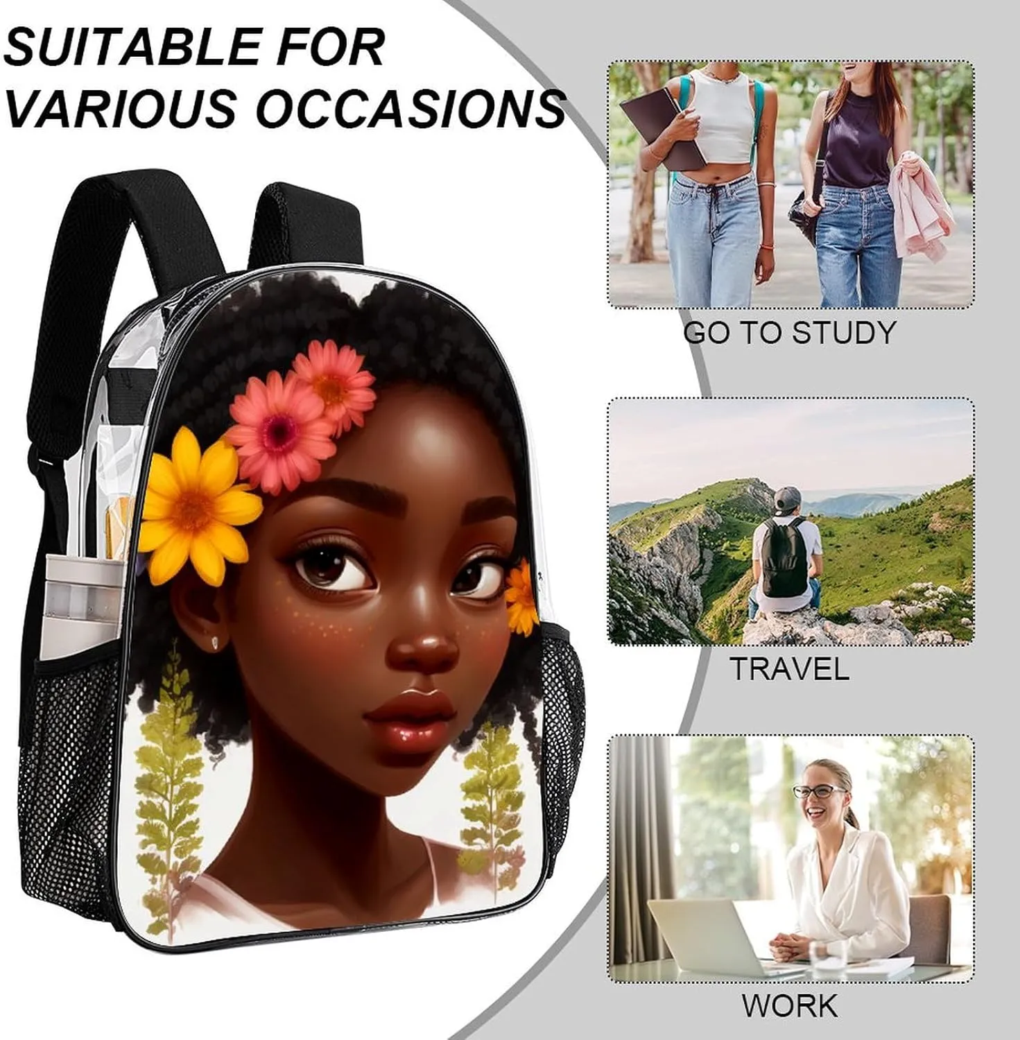 African American Women Black Womens Floral Art Daypack Backpack Transparent Anti-Theft Multipurpose Bookbag Big Capacity Travel Hiking & Camping Rucksack With Smooth Zippers