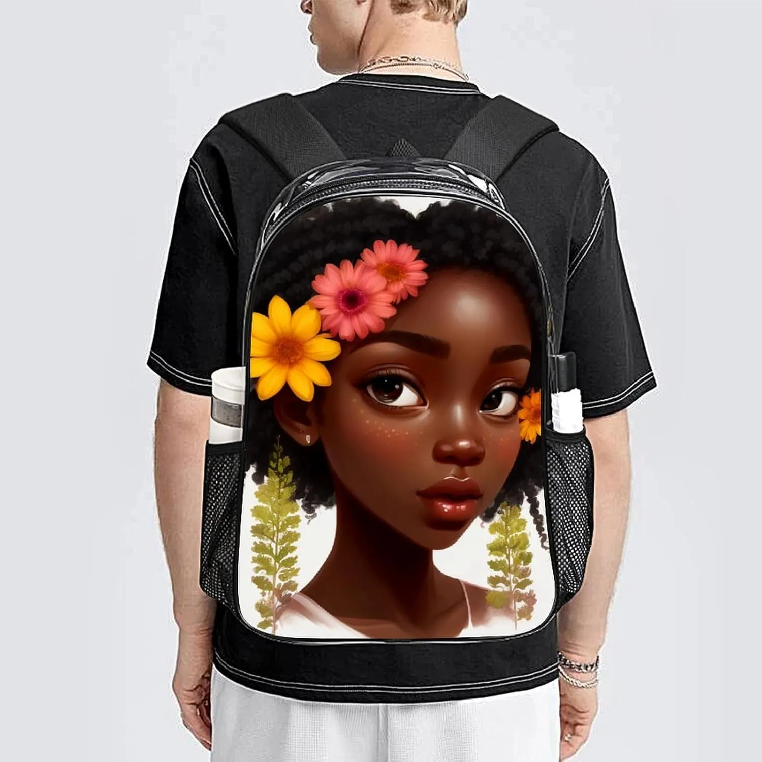 African American Women Black Womens Floral Art Daypack Backpack Transparent Anti-Theft Multipurpose Bookbag Big Capacity Travel Hiking & Camping Rucksack With Smooth Zippers