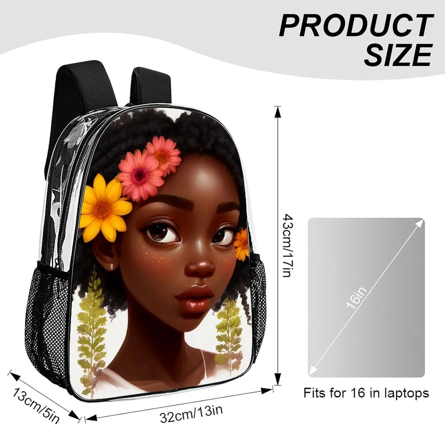 African American Women Black Womens Floral Art Daypack Backpack Transparent Anti-Theft Multipurpose Bookbag Big Capacity Travel Hiking & Camping Rucksack With Smooth Zippers