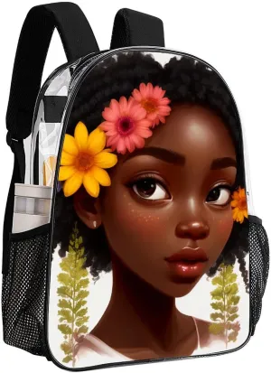 African American Women Black Womens Floral Art Daypack Backpack Transparent Anti-Theft Multipurpose Bookbag Big Capacity Travel Hiking & Camping Rucksack With Smooth Zippers