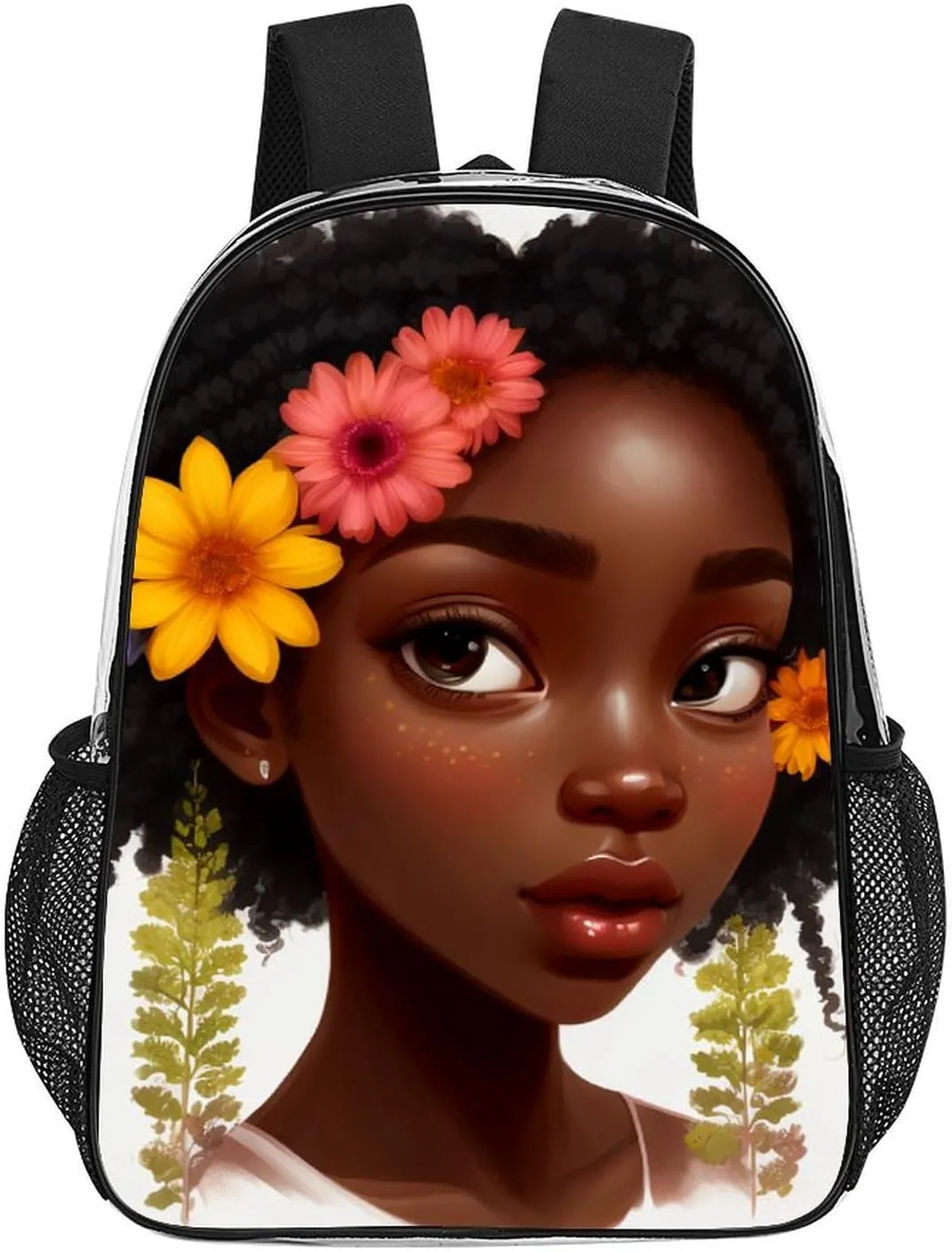 African American Women Black Womens Floral Art Daypack Backpack Transparent Anti-Theft Multipurpose Bookbag Big Capacity Travel Hiking & Camping Rucksack With Smooth Zippers