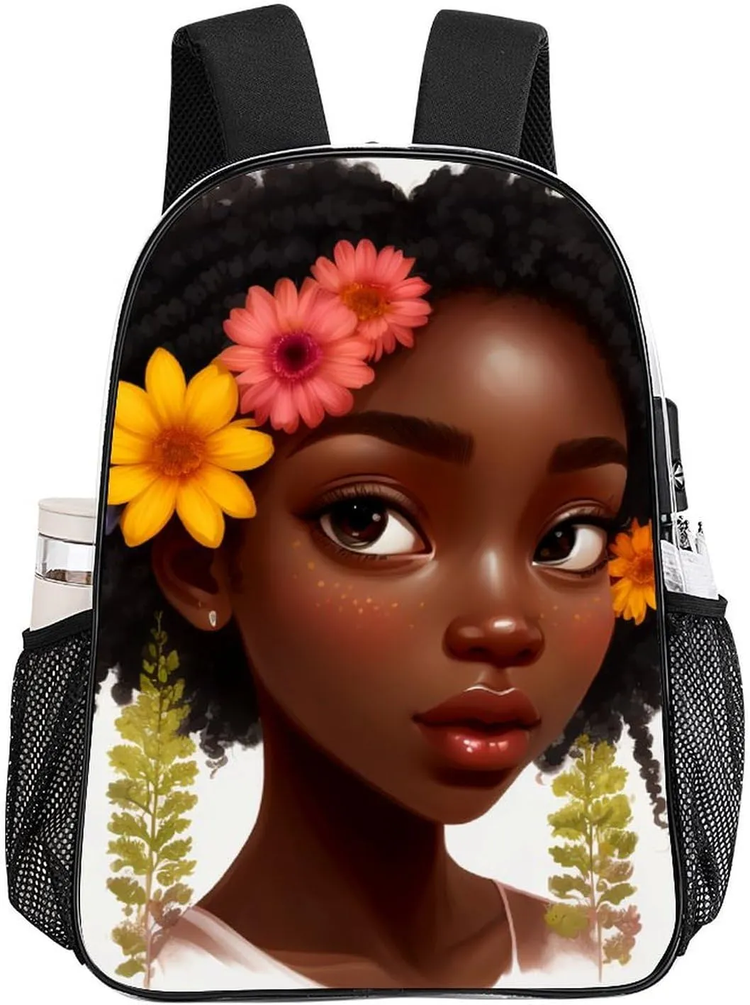 African American Women Black Womens Floral Art Daypack Backpack Transparent Anti-Theft Multipurpose Bookbag Big Capacity Travel Hiking & Camping Rucksack With Smooth Zippers