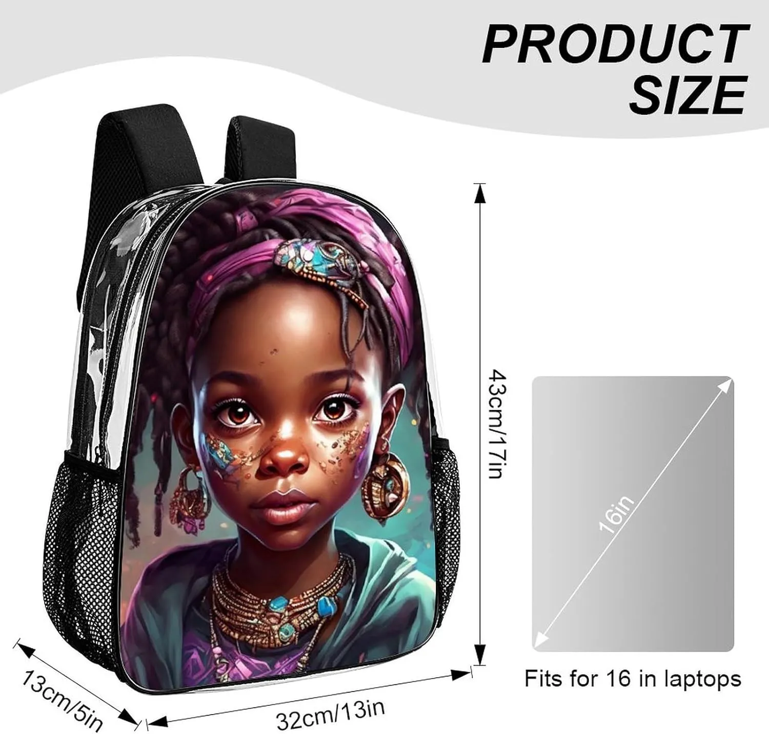 Afro Women African American Black Women Art Rucksacks Lightweight Multipurpose Transparent Shoulder Bag Big Capacity Traveling & Camping Backpack With Side Pockets