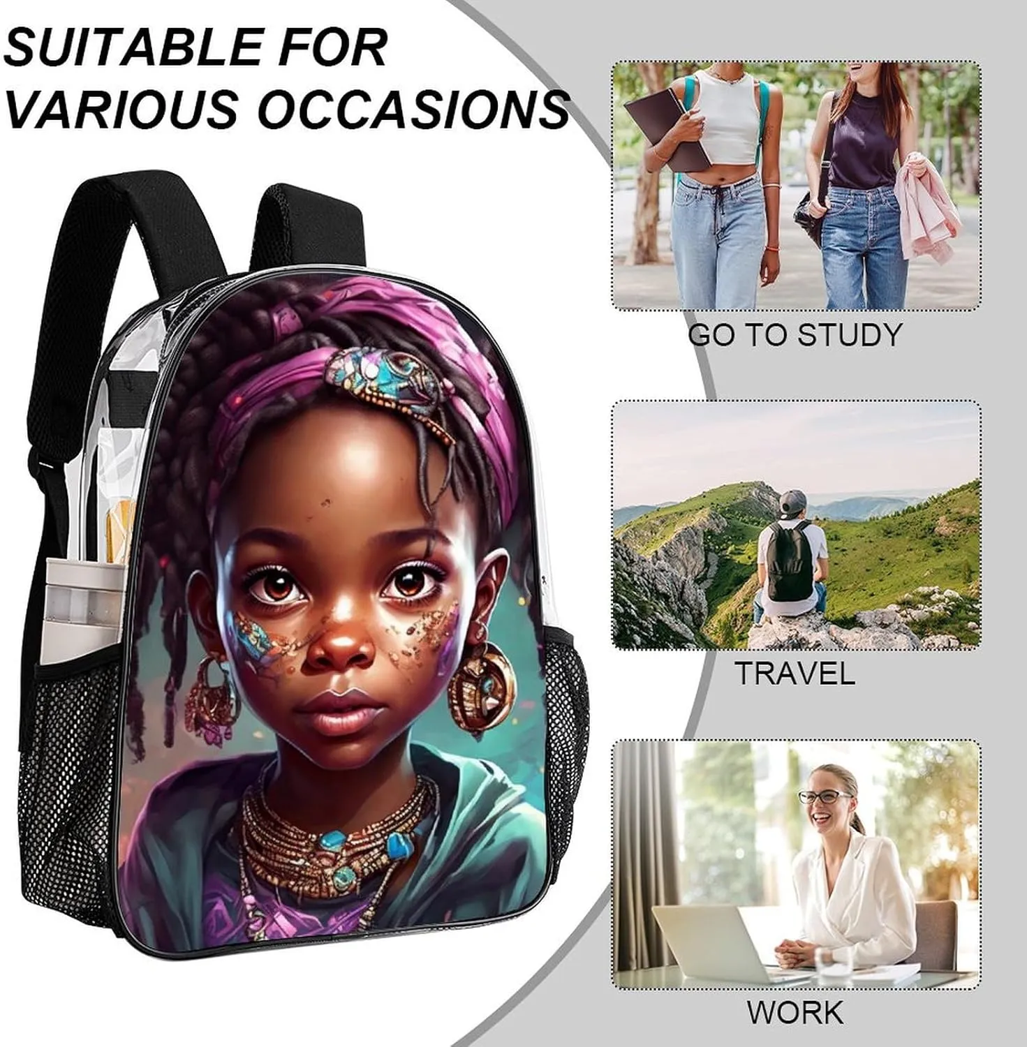 Afro Women African American Black Women Art Rucksacks Lightweight Multipurpose Transparent Shoulder Bag Big Capacity Traveling & Camping Backpack With Side Pockets