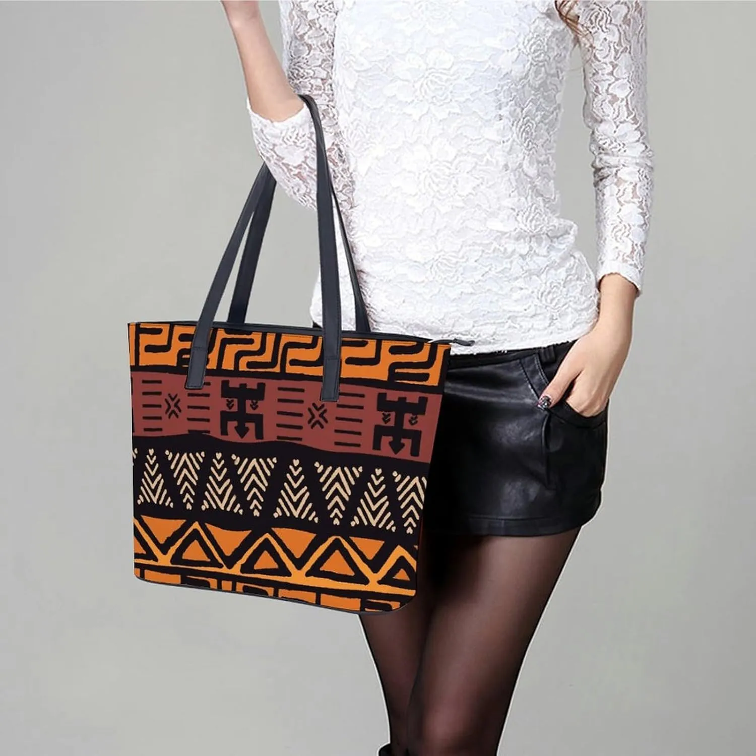 Afrocentric Mud Cloth Print A Leather Handbag with Large Capacity And Portability