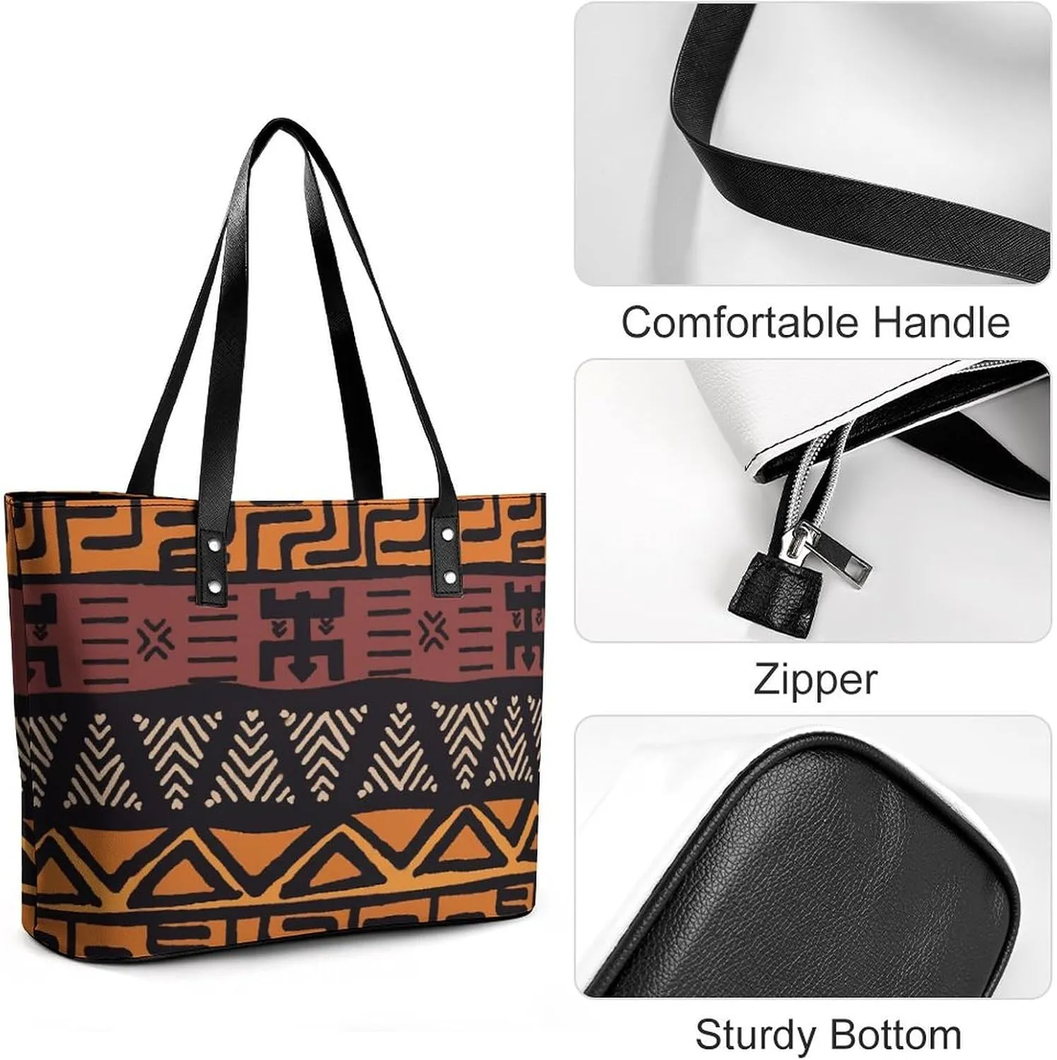 Afrocentric Mud Cloth Print A Leather Handbag with Large Capacity And Portability