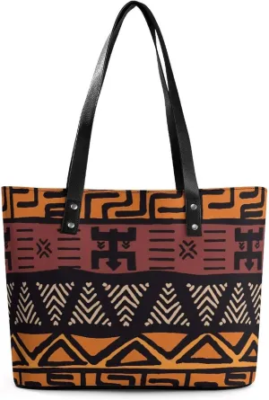 Afrocentric Mud Cloth Print A Leather Handbag with Large Capacity And Portability