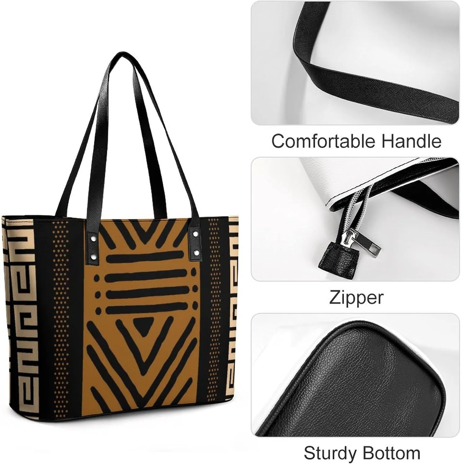 Afrocentric Mud Cloth Print A Leather Handbag with Large Capacity And Portability