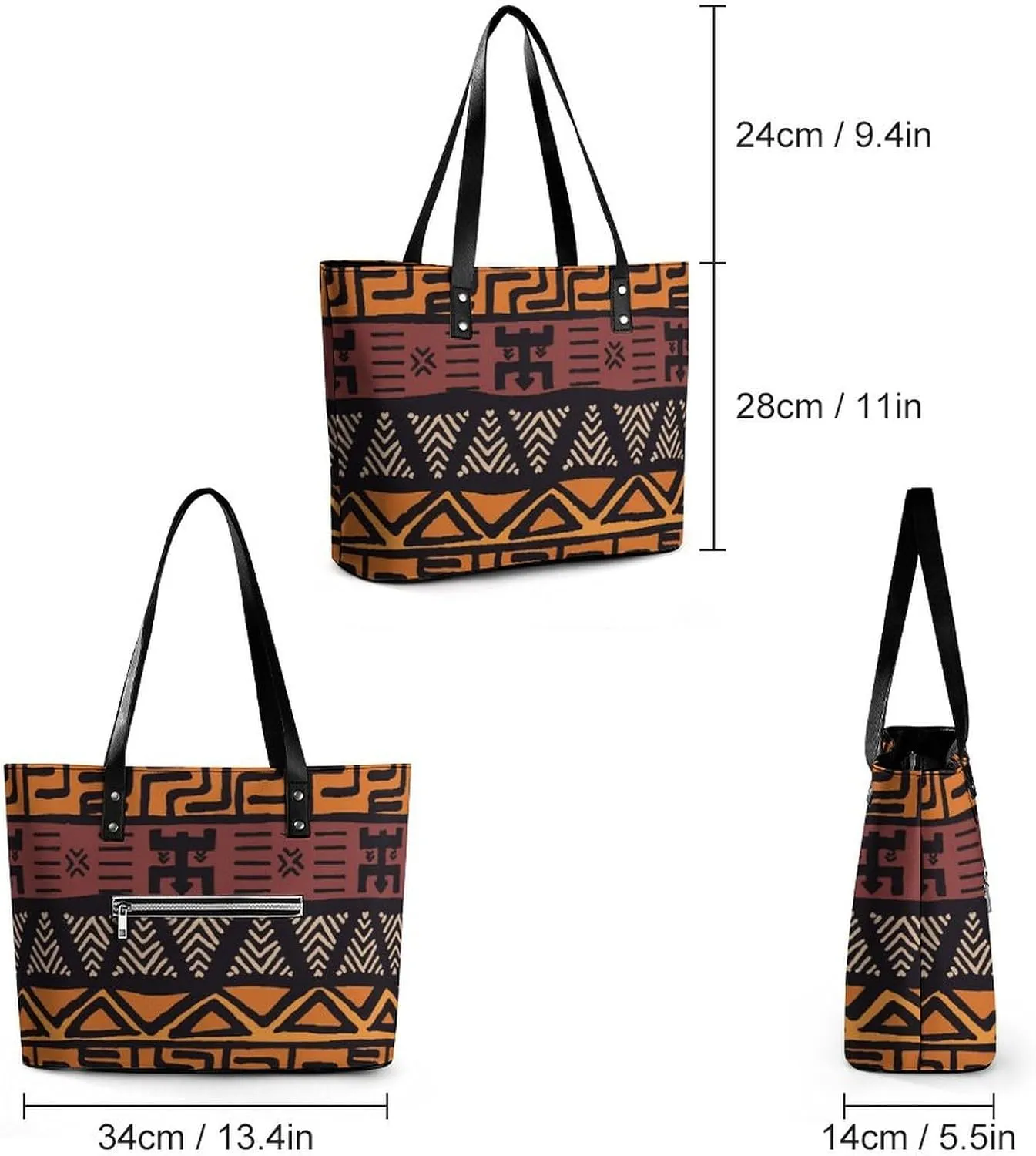 Afrocentric Mud Cloth Print A Leather Handbag with Large Capacity And Portability
