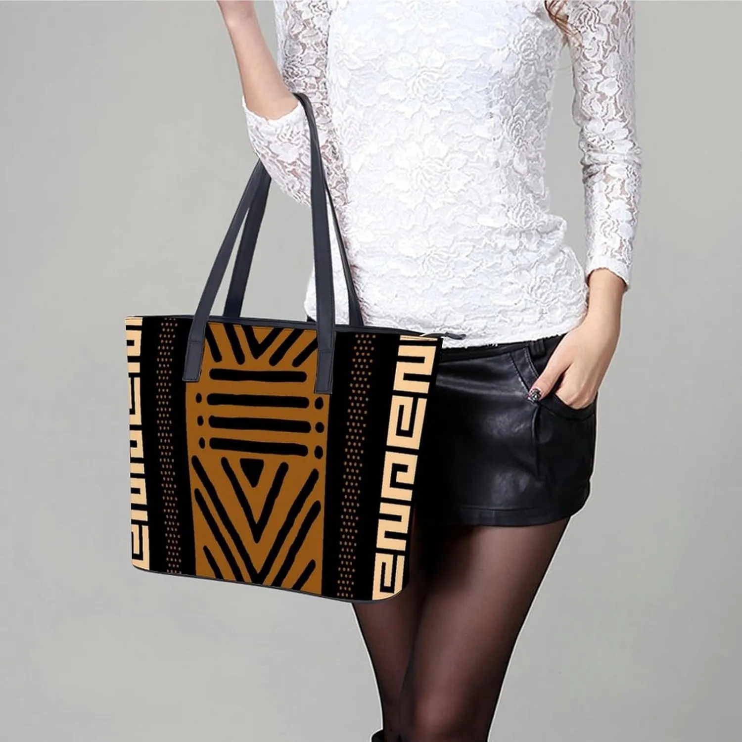Afrocentric Mud Cloth Print A Leather Handbag with Large Capacity And Portability