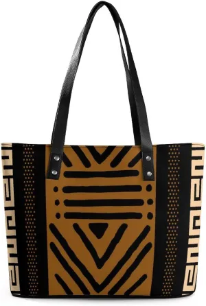 Afrocentric Mud Cloth Print A Leather Handbag with Large Capacity And Portability