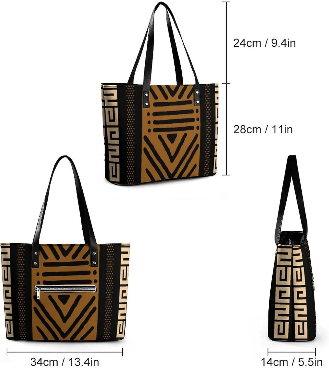 Afrocentric Mud Cloth Print A Leather Handbag with Large Capacity And Portability