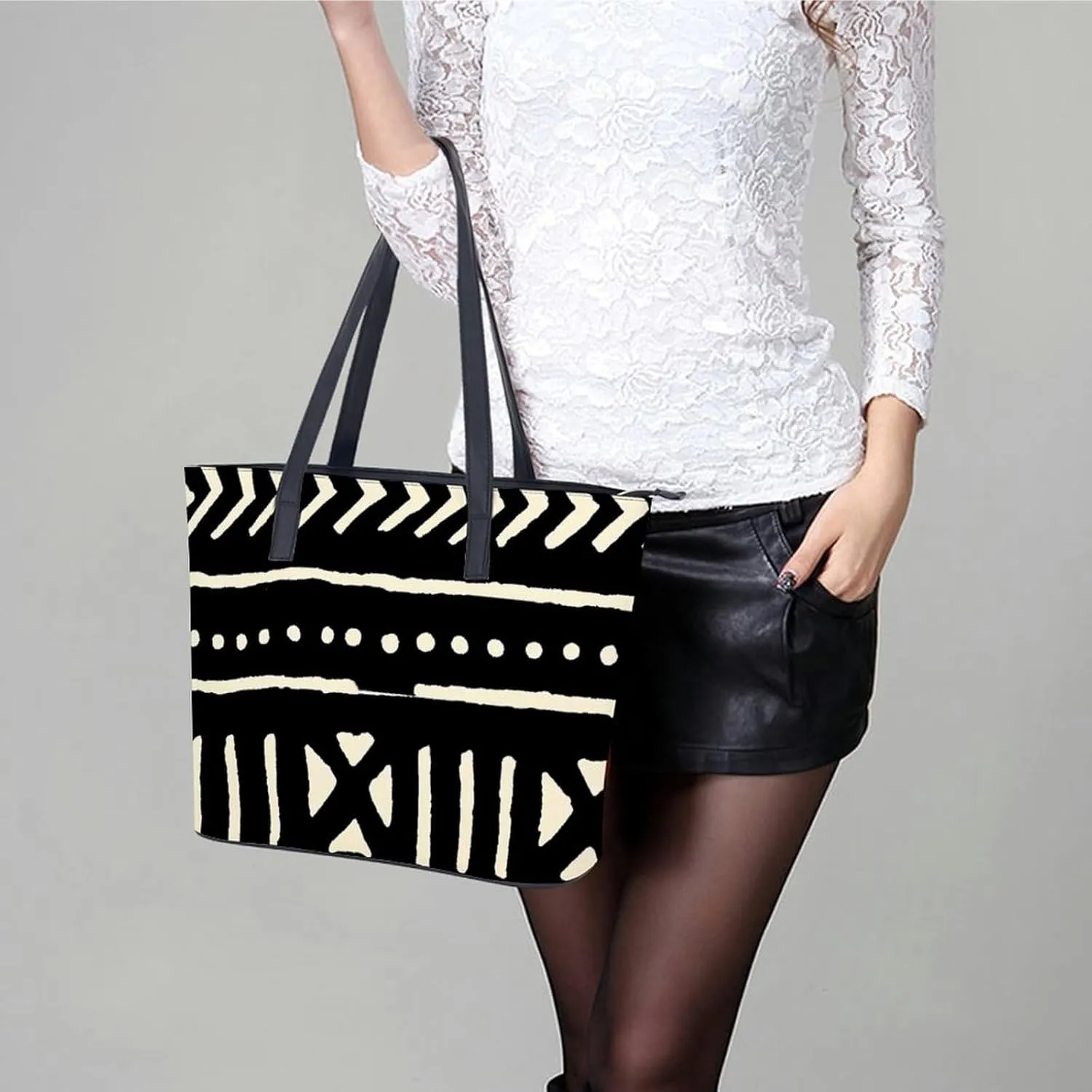 Afrocentric Mud Cloth Print A Leather Handbag with Large Capacity And Portability