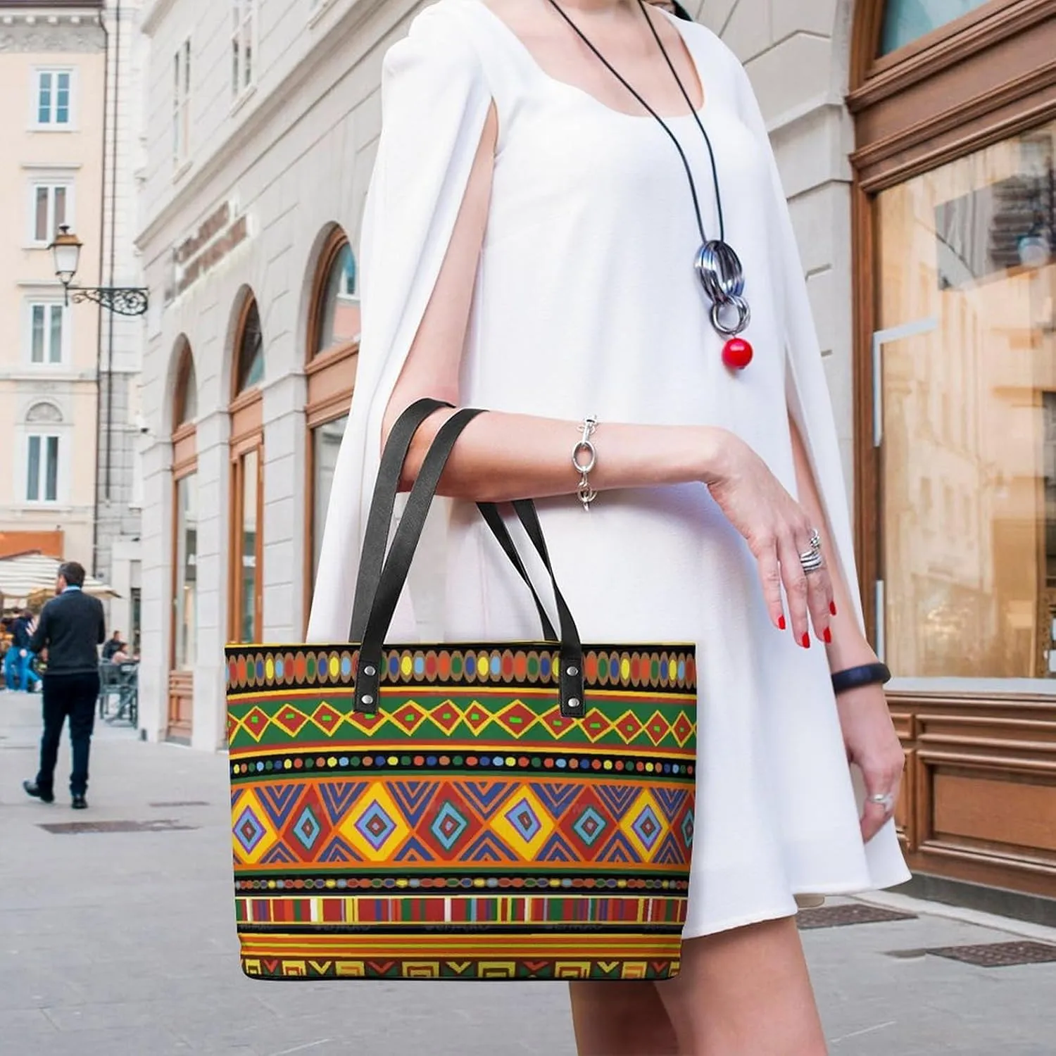 Afrocentric Mud Cloth Print A Leather Handbag with Large Capacity And Portability