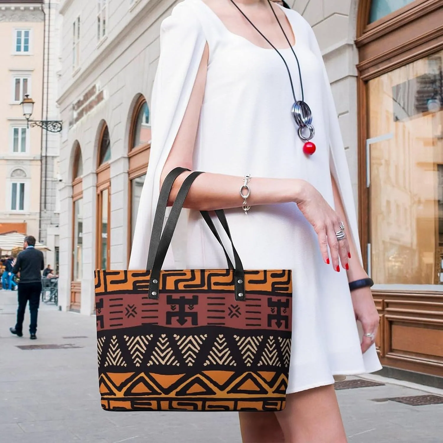 Afrocentric Mud Cloth Print A Leather Handbag with Large Capacity And Portability