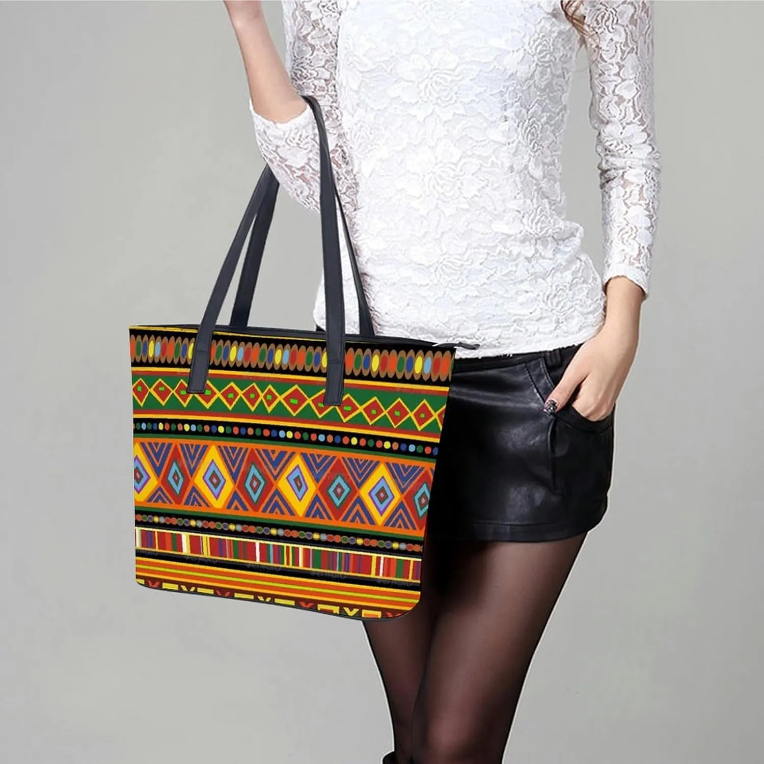 Afrocentric Mud Cloth Print A Leather Handbag with Large Capacity And Portability