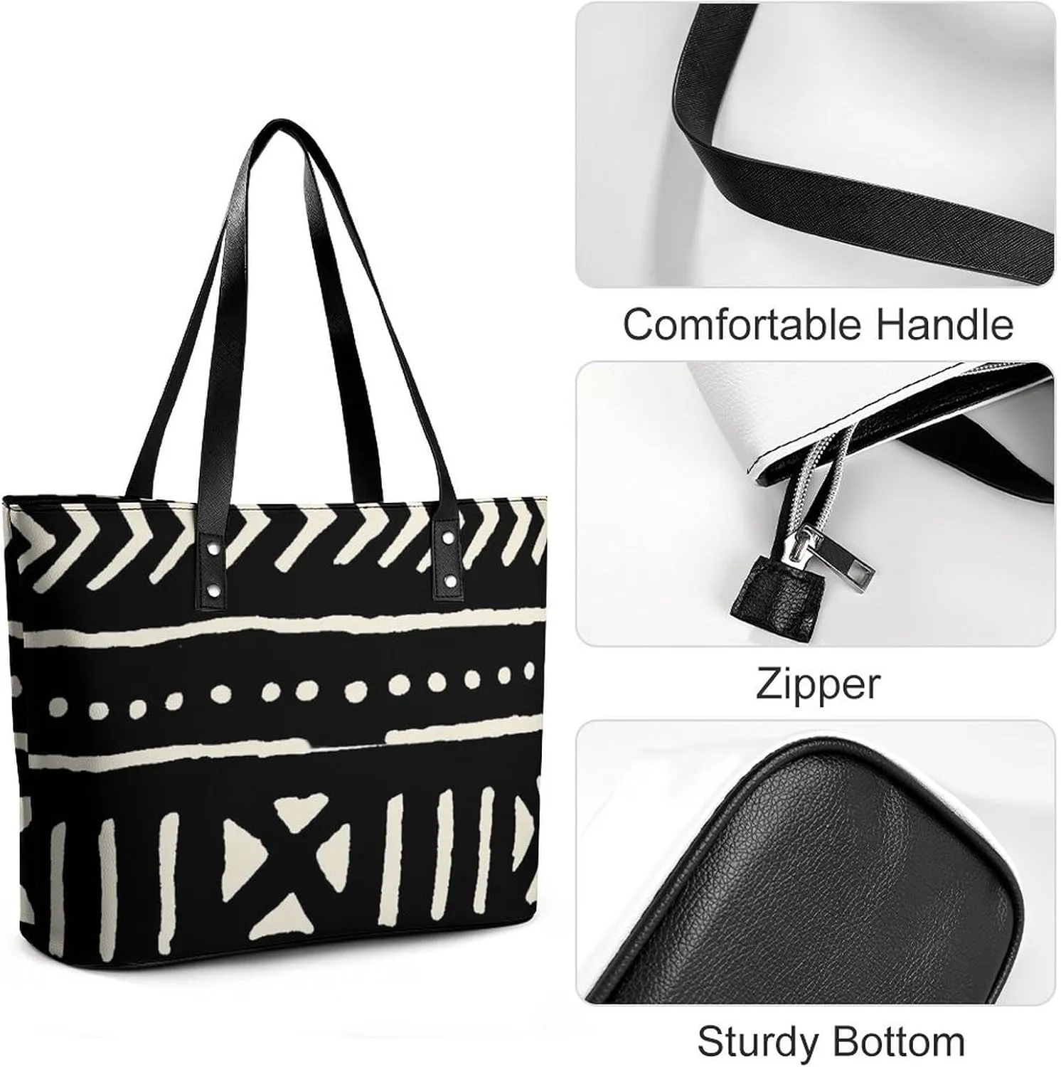 Afrocentric Mud Cloth Print A Leather Handbag with Large Capacity And Portability