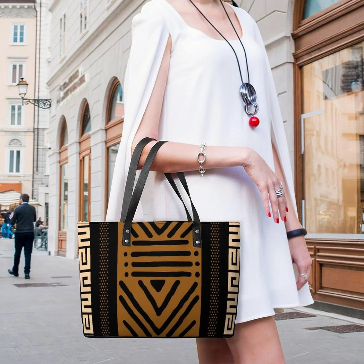 Afrocentric Mud Cloth Print A Leather Handbag with Large Capacity And Portability