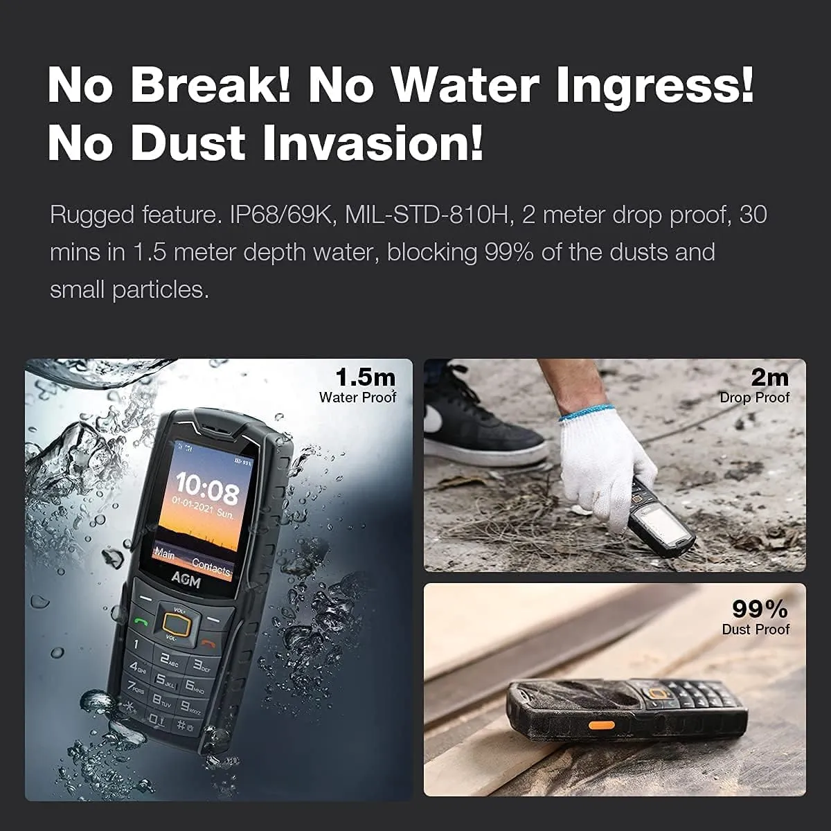 AGM Feature Cellphone, Rugged Dumb Phone, 4G Dual SIM GSM Unlocked, Large Button & Font for Seniors, 109dB Louder Speaker, 2500mAh, Waterproof/Dustproof/Shockproof, T-Mobile Compatible ONLY | M6