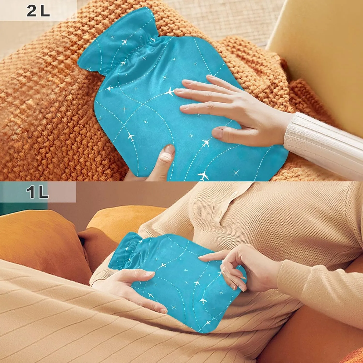 Air Travel Blue Hot Water Bottle with Cute Cover 1L Transparent Hot Water Bags Portable Hot Water Bottles for Neck, Shoulders and Legs Pain Relief, Menstrual Cramps