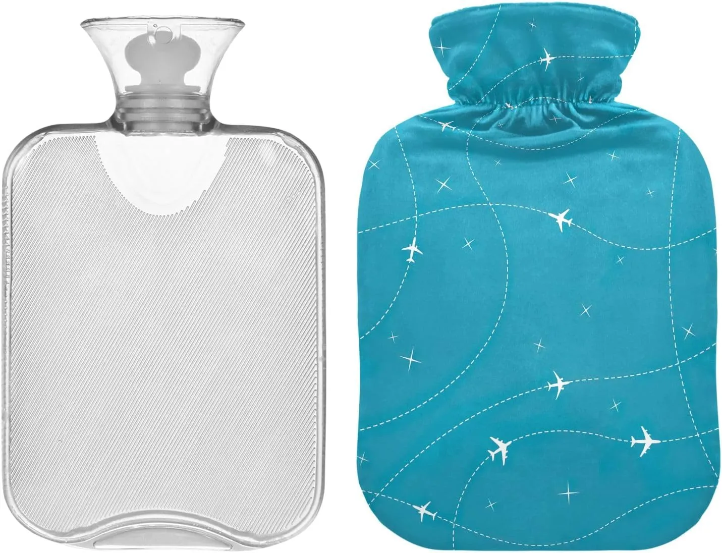 Air Travel Blue Hot Water Bottle with Cute Cover 1L Transparent Hot Water Bags Portable Hot Water Bottles for Neck, Shoulders and Legs Pain Relief, Menstrual Cramps