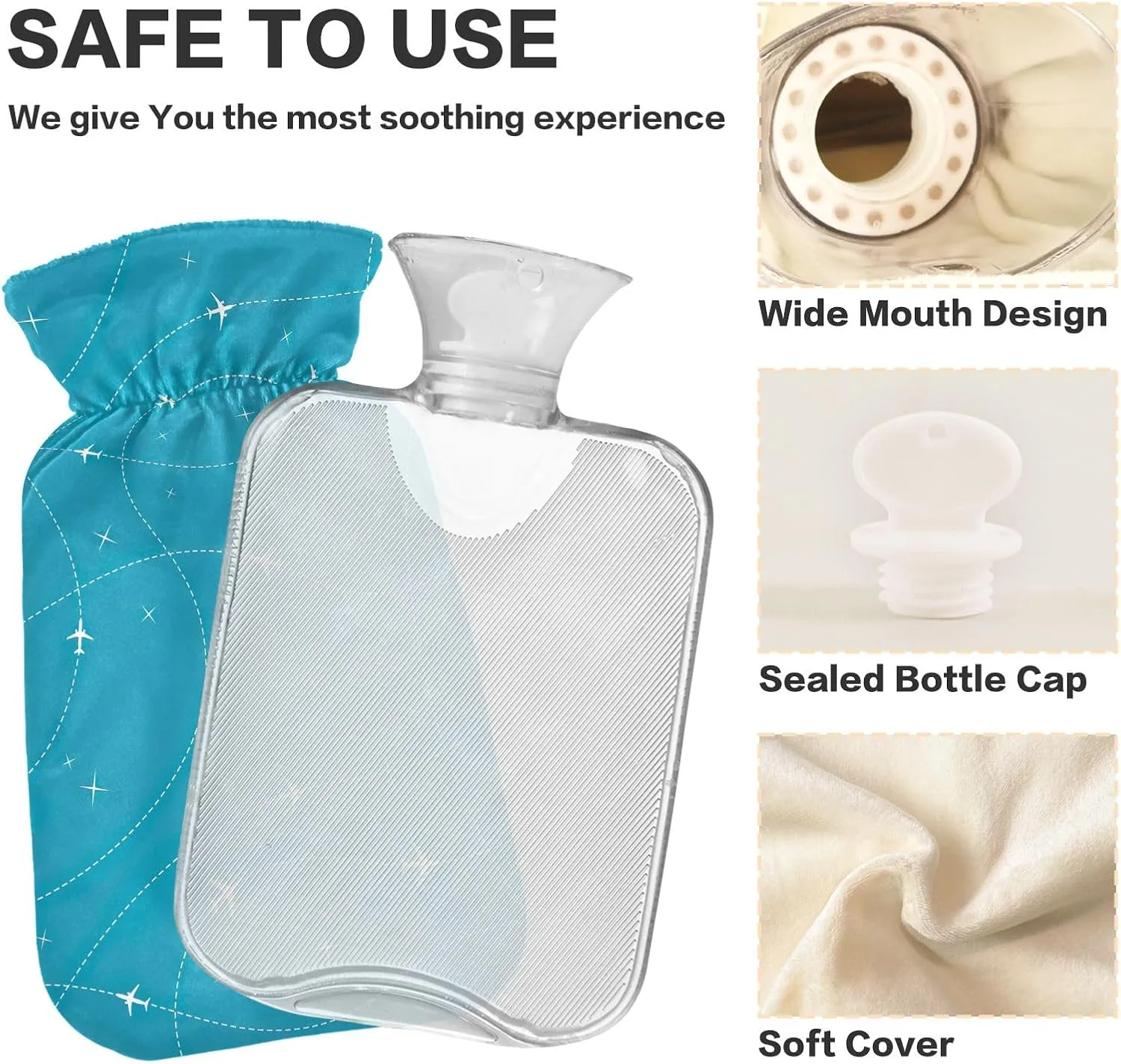 Air Travel Blue Hot Water Bottle with Cute Cover 1L Transparent Hot Water Bags Portable Hot Water Bottles for Neck, Shoulders and Legs Pain Relief, Menstrual Cramps