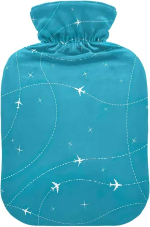 Air Travel Blue Hot Water Bottle with Cute Cover 1L Transparent Hot Water Bags Portable Hot Water Bottles for Neck, Shoulders and Legs Pain Relief, Menstrual Cramps