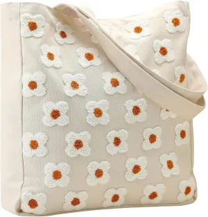 Aliceset Aesthetic Daisy Embroidery Tote Bag for Women Reusable Canvas Cute Shoulder Bag for Shopping, Grocery, Work, Book