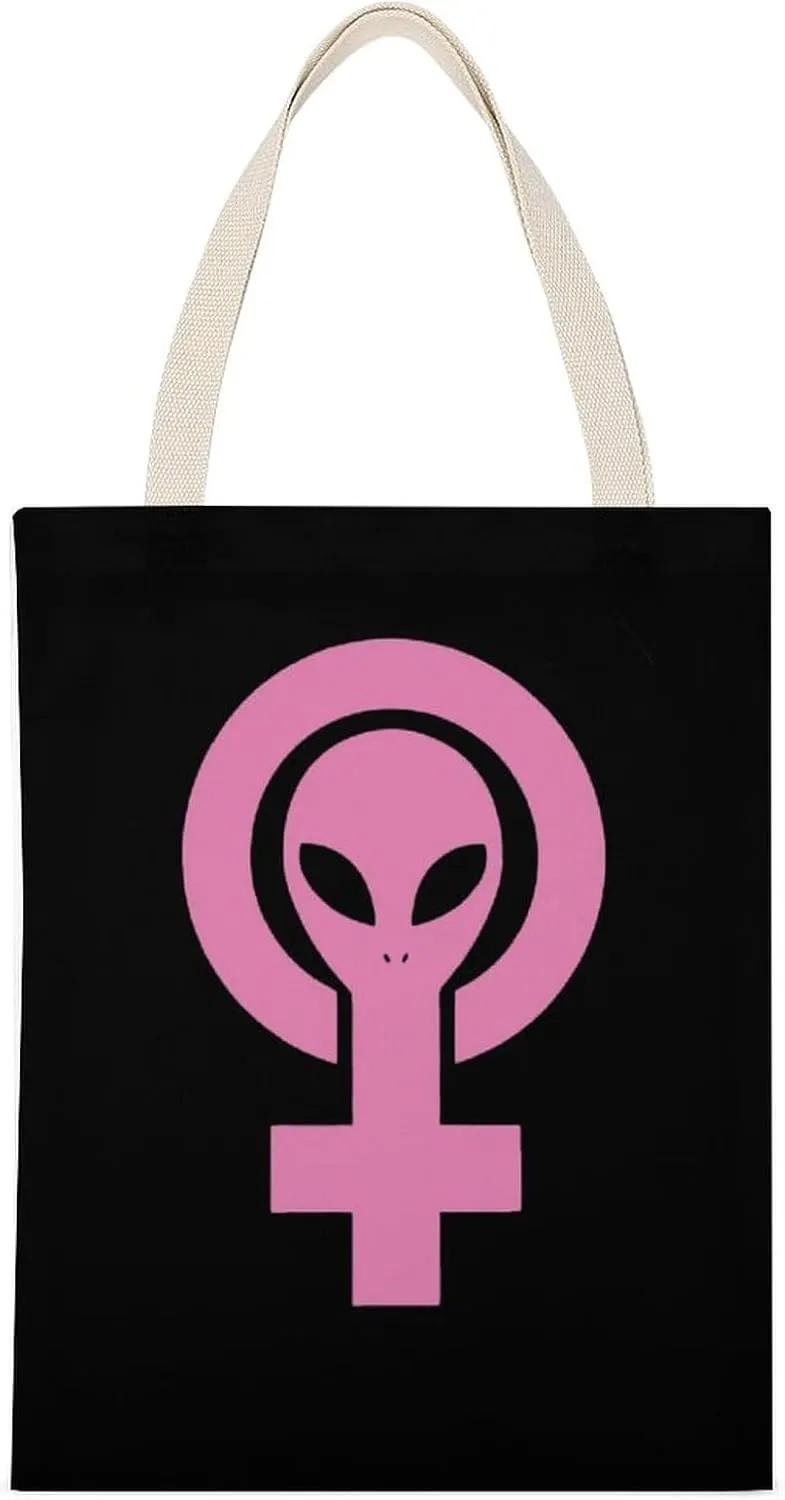 Alien Feminist Symbol Casual Canvas Tote Bag Big Capacity Handbag Shoulder Bag Reusable Grocery Canvas Tote Bags