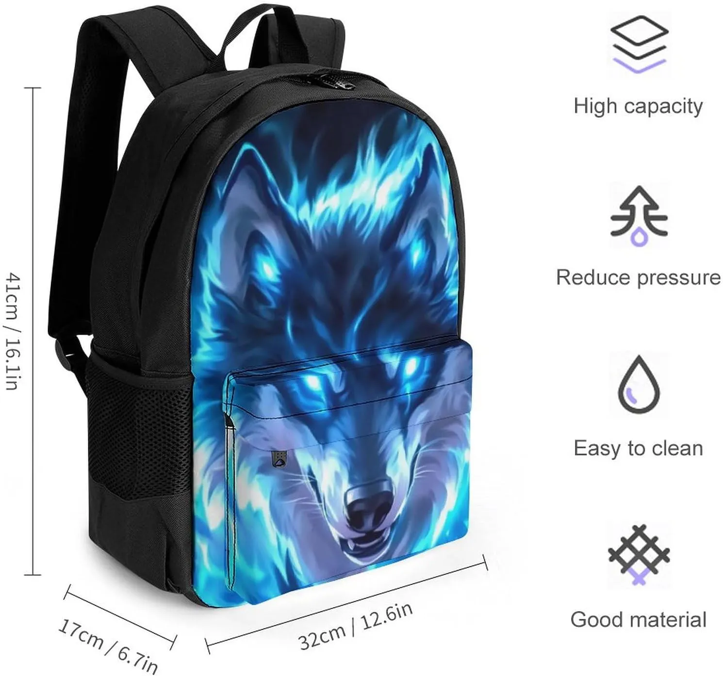 Amazing Lighting Blue Fire Flame Wolf Rucksacks Polyester Anti-Theft Multipurpose Carry On Bag Large Capacity Gym Outdoor Hiking Backpack With Smooth Zippers