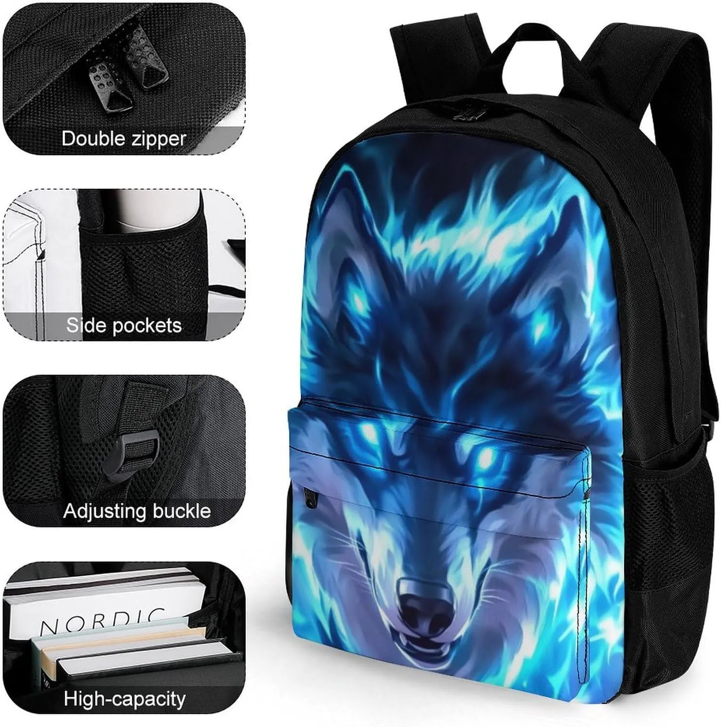 Amazing Lighting Blue Fire Flame Wolf Rucksacks Polyester Anti-Theft Multipurpose Carry On Bag Large Capacity Gym Outdoor Hiking Backpack With Smooth Zippers