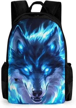 Amazing Lighting Blue Fire Flame Wolf Rucksacks Polyester Anti-Theft Multipurpose Carry On Bag Large Capacity Gym Outdoor Hiking Backpack With Smooth Zippers
