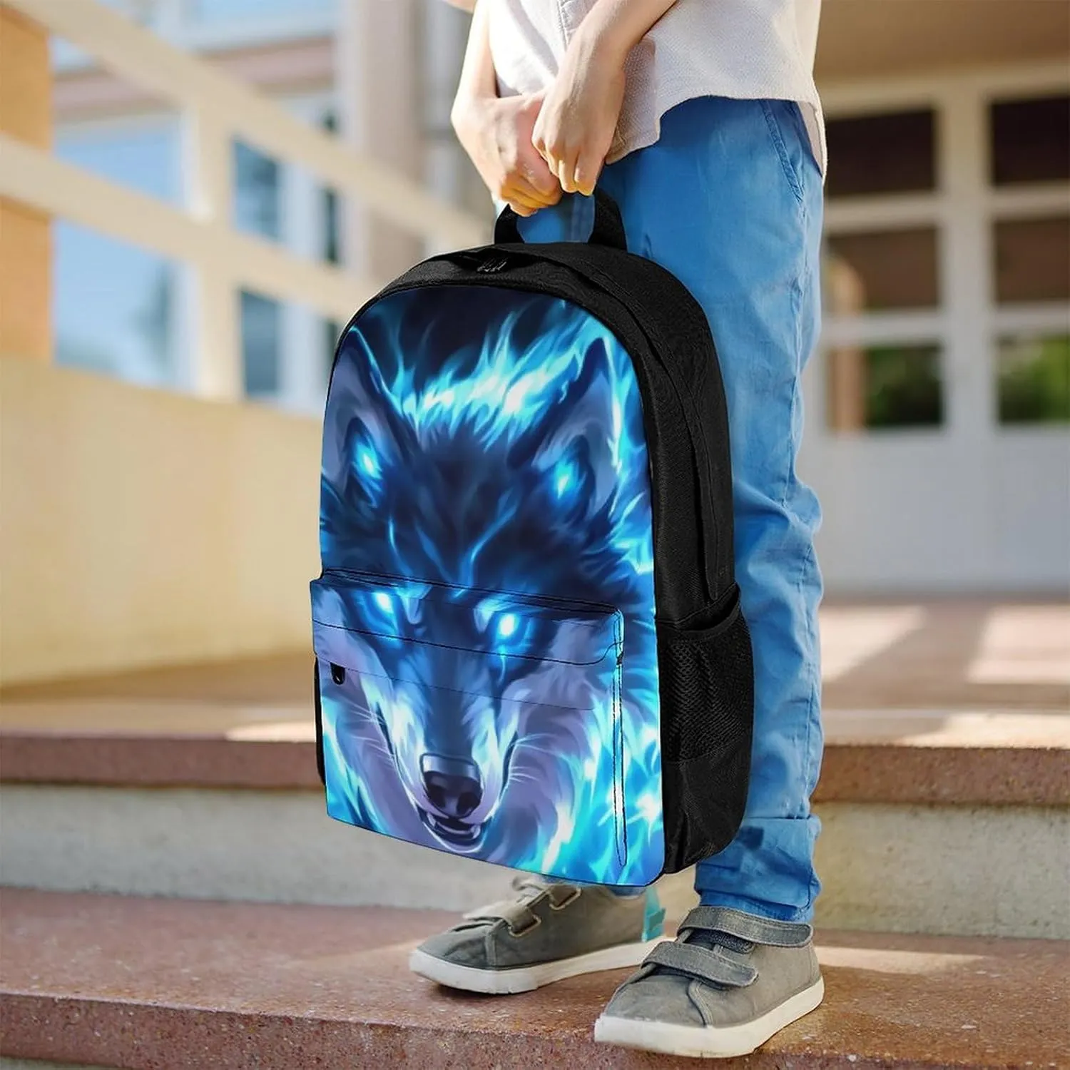 Amazing Lighting Blue Fire Flame Wolf Rucksacks Polyester Anti-Theft Multipurpose Carry On Bag Large Capacity Gym Outdoor Hiking Backpack With Smooth Zippers