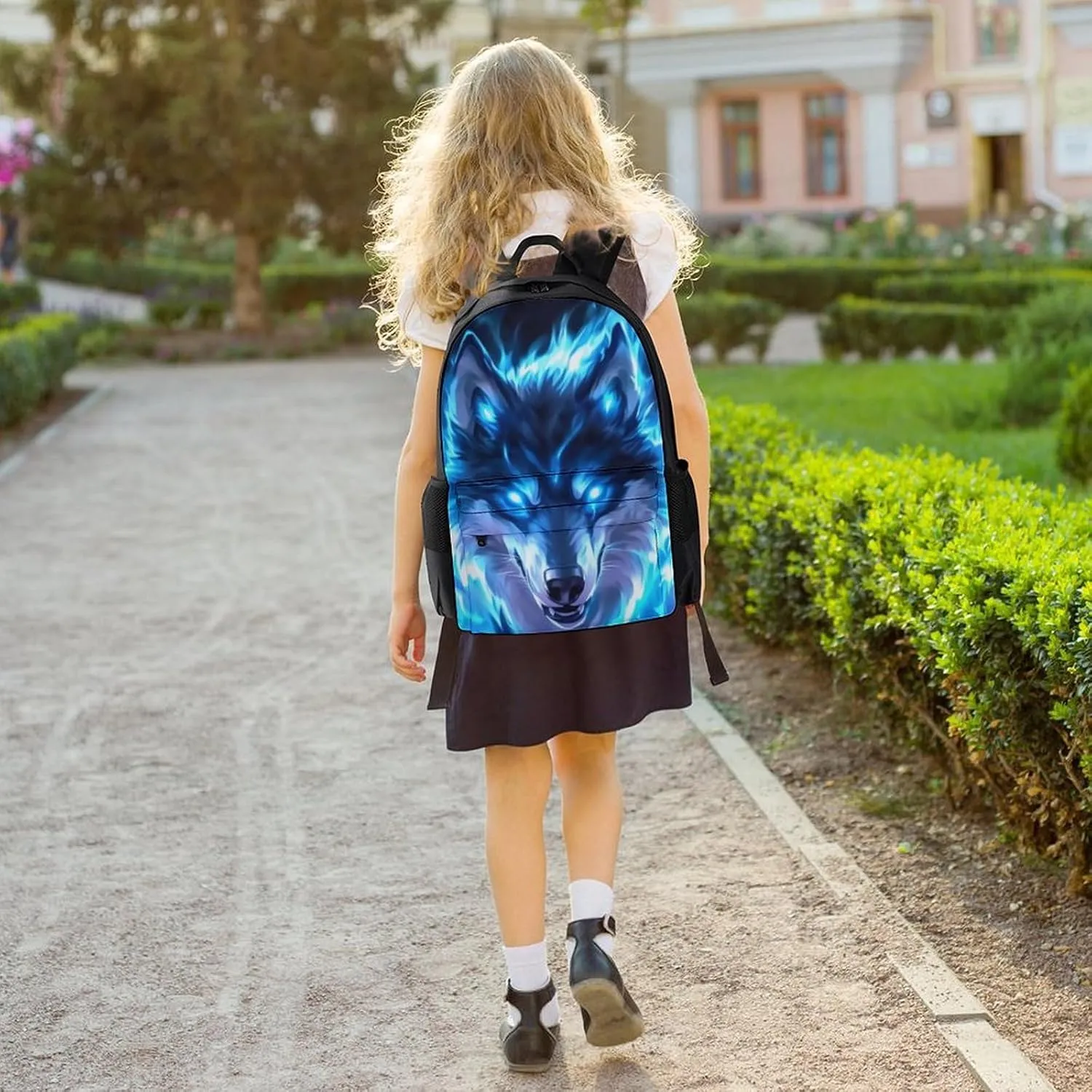 Amazing Lighting Blue Fire Flame Wolf Rucksacks Polyester Anti-Theft Multipurpose Carry On Bag Large Capacity Gym Outdoor Hiking Backpack With Smooth Zippers