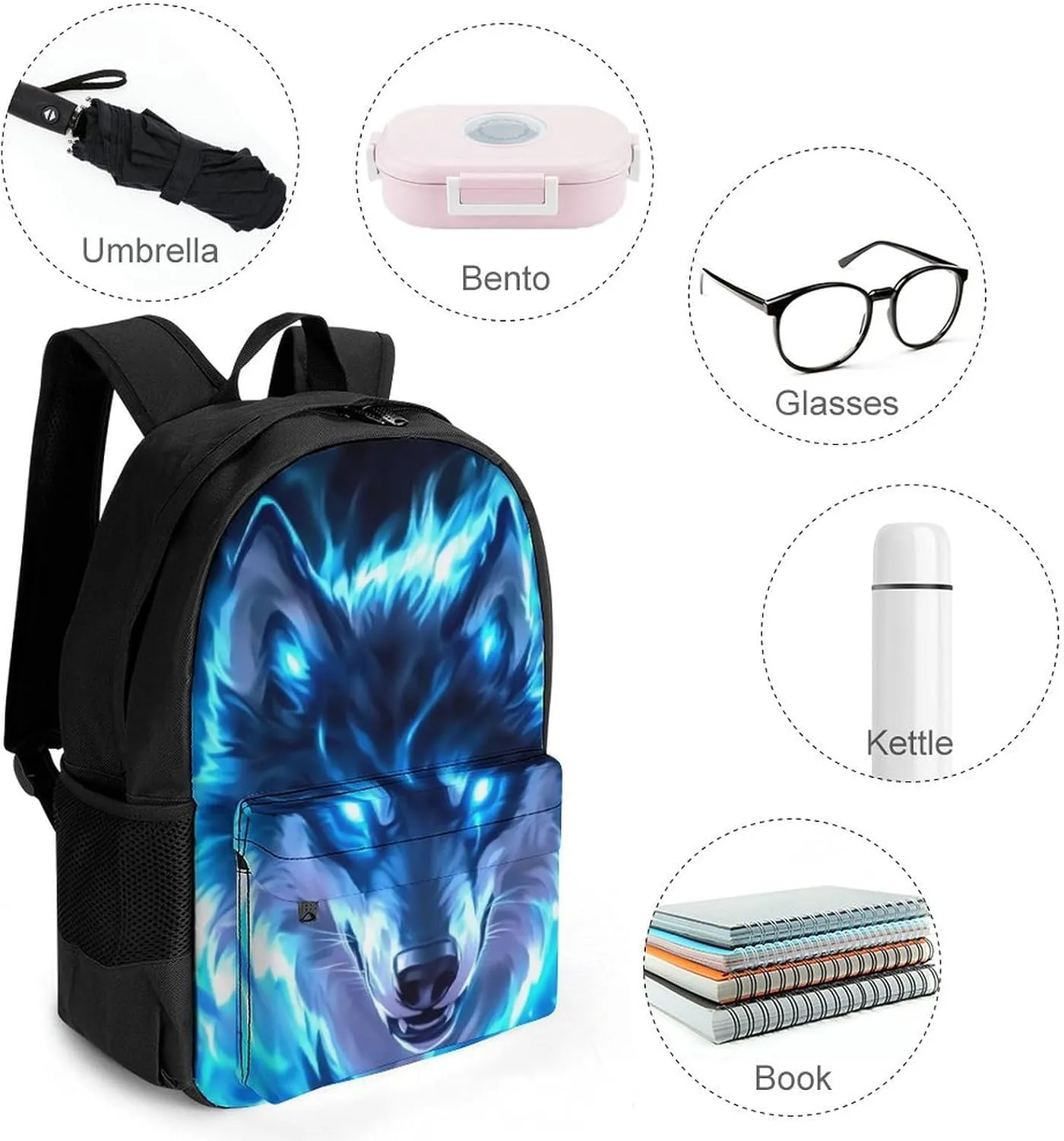 Amazing Lighting Blue Fire Flame Wolf Rucksacks Polyester Anti-Theft Multipurpose Carry On Bag Large Capacity Gym Outdoor Hiking Backpack With Smooth Zippers