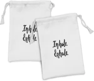 Ambesonne Inhale Exhale Fabric Pouch Set of 2, Minimalist Modern Motivation Message Brush Ink Inscription Monochrome, Small Drawstring Bag for Toiletries Masks and Favors, 9" x 6", Black and White