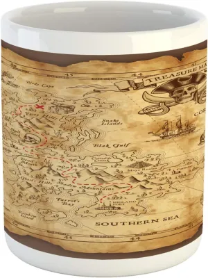 Ambesonne Island Map Mug, Super Detailed Treasure Map Grungy Rustic Pirates Gold Secret Sea History Theme, Ceramic Coffee Mug Cup for Water Tea Drinks, 11 oz, Beige Brown