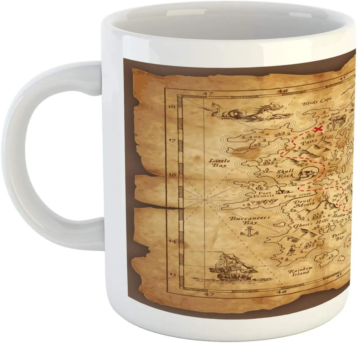 Ambesonne Island Map Mug, Super Detailed Treasure Map Grungy Rustic Pirates Gold Secret Sea History Theme, Ceramic Coffee Mug Cup for Water Tea Drinks, 11 oz, Beige Brown